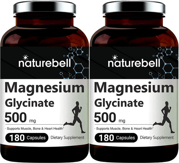 2 Pack NatureBell Magnesium Glycinate 500mg, 180 Capsules, Supports Muscle, Bone, Joint, Heart Health and Enzyme Function, No GMOs, Premium Magnesium Pills for Women and Men, Non-GMO