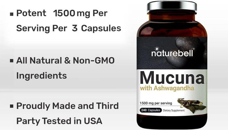 2 Pack NatureBell Organic Mucuna 200 Capsules, 1000mg Per Serving, Contains Premium Mucuna Pruriens Seeds for Mood Mind and Brain Health