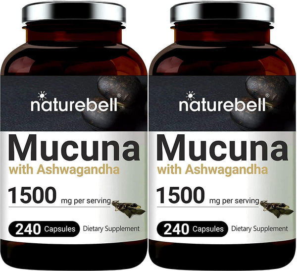 2 Pack NatureBell Organic Mucuna 200 Capsules, 1000mg Per Serving, Contains Premium Mucuna Pruriens Seeds for Mood Mind and Brain Health