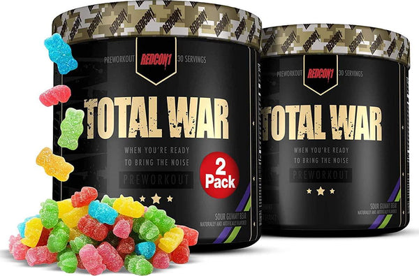 2 Pack Redcon1 Total War - Pre Workout Powder, 30 Servings, (Sour Gummy Bear) Boost Energy, Increase Endurance and Focus, Beta-Alanine, 350mg Caffeine, Citrulline Malate, Nitric Oxide Booster