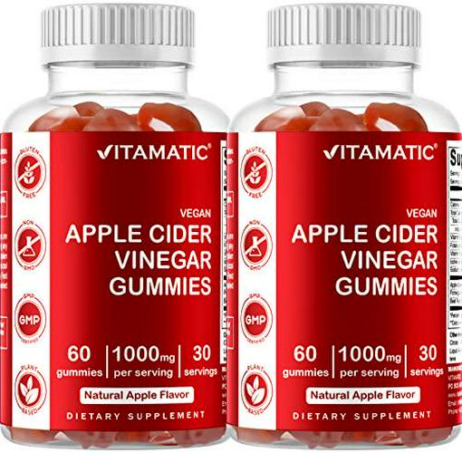 2 Pack - Vitamatic Apple Cider Vinegar Gummies - 1000mg per Serving - 60 Vegan Gummies - ACV Gummies for Detox, Weight Loss Support, Energy Boost, Digestion and Gut Health (Total 120 Count)