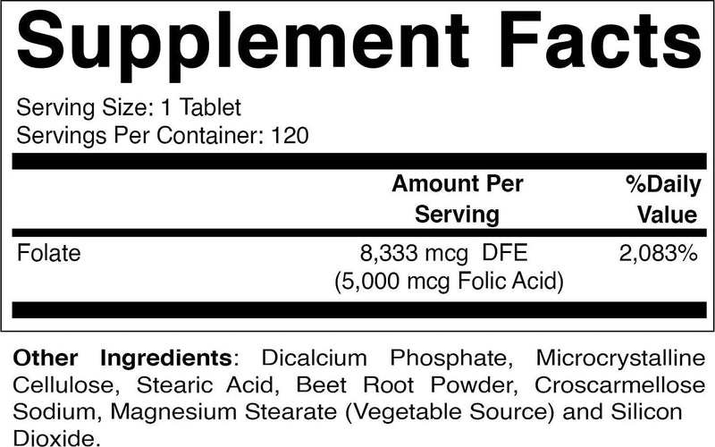 2 Pack - Vitamatic Folic Acid 5mg (5000 mcg) - 120 Vegetarian Tablets - (Vitamin B9 Folate) (Total 240 Tablets)