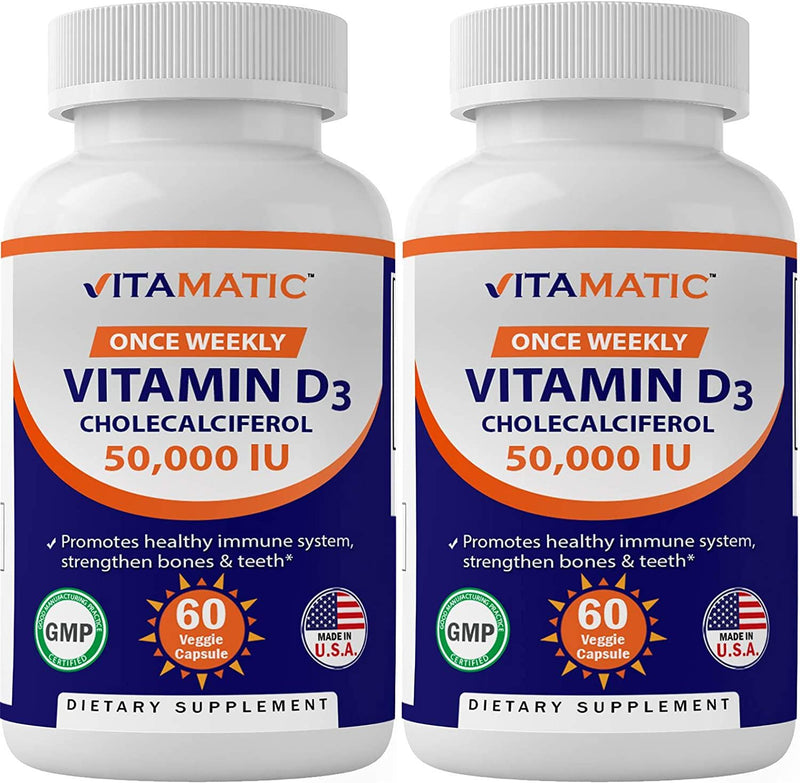2 Pack - Vitamatic Vitamin D3 50,000 IU (as Cholecalciferol), Once Weekly Dose, 1250 mcg, 60 Veggie Capsules 1 Year Supply, Progressive Formula Helping Vitamin D Deficiencies (Total 120 Veg Capsules)