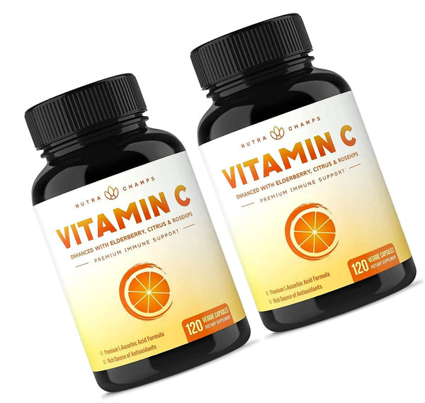(2 Pack) Vitamin C 1000mg with Elderberry, Citrus Bioflavonoids and Rose Hips - 120 Capsules Vegan, Non-GMO Antioxidant Supplement for Immune Health and Collagen Production 500mg Powder Pills