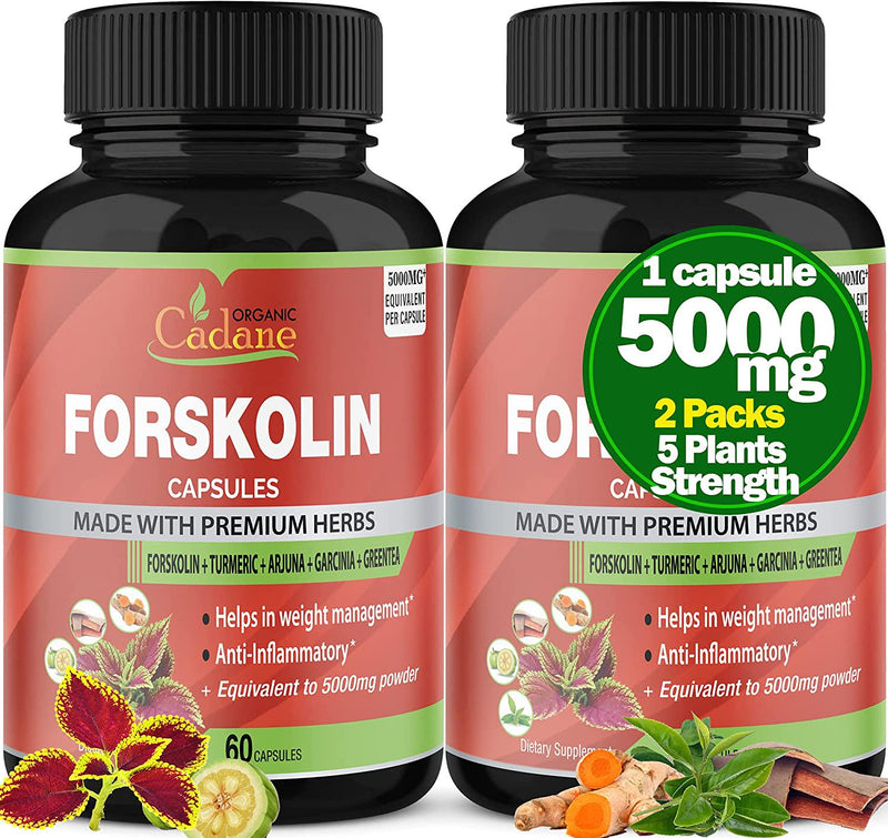 2 Packs Organic Forskolin Extract Capsules 5000mg and Turmeric Curcumin, Arjuna, Garcinia Cambogia, Green Tea