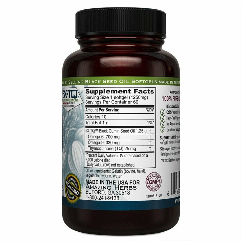 3 Pack Amazing Herbs Premium Black Seed Oil 1250 Mg Dietary Supplement Softgel Capsule 60 Ct