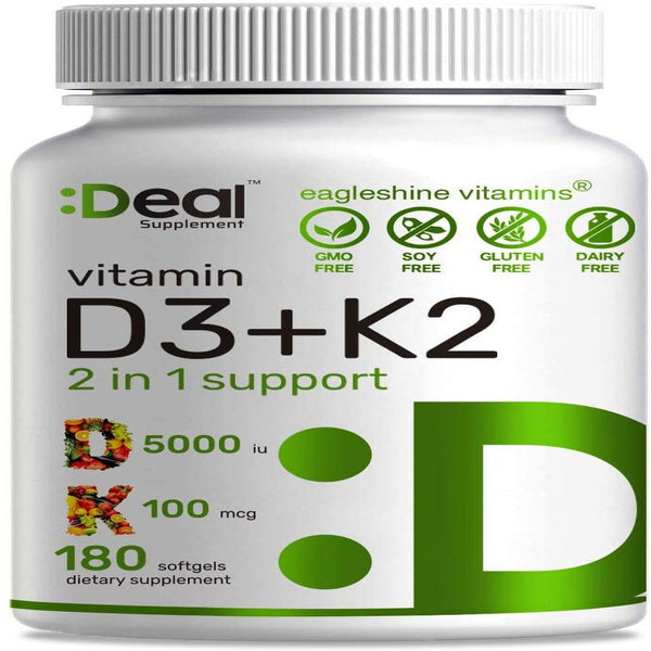 Vitamin D3 K2 Softgel, 180 Counts, 2-1 Complex, Vitamin D3 5000 IU & Vitamin K2 MK7 MK4, Promotes Heart, Bone & Teeth Health - Very Easy to Swallow