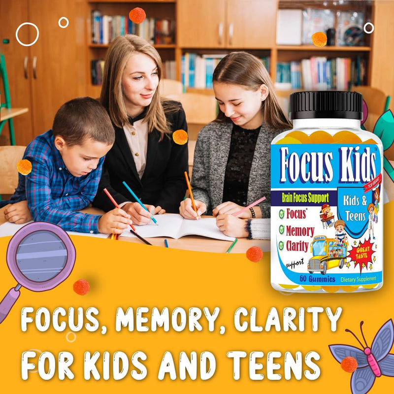 Focus Kids Kids Brain Booster Supplements Brain Focus Gummies Omega 3 for Kids Attention & Focus, Brain Booster, Memory & Concentration- 60Ct
