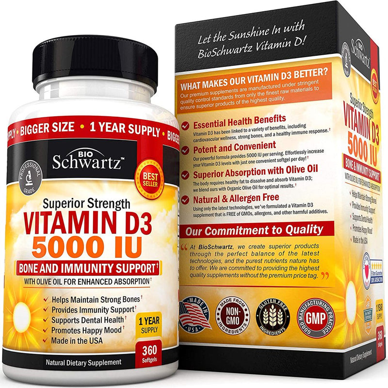 Vitamin D3 5000 IU (360Ct) Natural Immune Support Supplement | Bone Strength, Healthy Muscle Function, with Olive Oil for High Absorption | Gluten Free & Non-Gmo 1 Year Supply