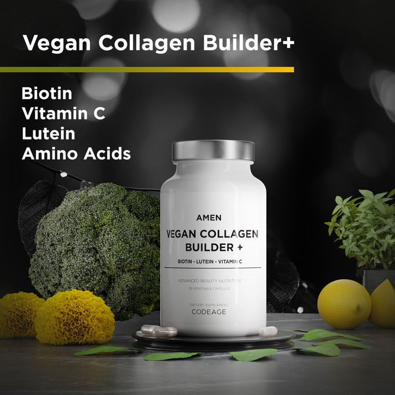 Amen Vegan Collagen Builder +, Organic Whole Foods, Vitamin C, Biotin, L-Lysine, L-Proline, 30 Ct
