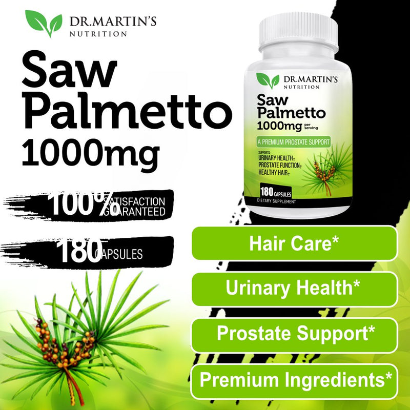 USA Grown 1000Mg Saw Palmetto Supplement | 180 Capsules for Prostate Health | Hair Growth for Men & Women | Help Maintain Normal Urination Frequency & Natural DHT Blocker to Help Prevent Hair Loss DR.