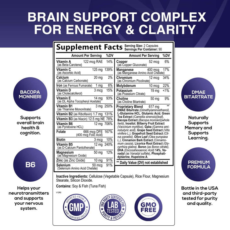 Nootropic Brain Supplement for Memory, Focus & Concentration + Cognitive Support, Booster with Phosphatidylserine, DMAE Bacopa, Vitamins Men Women, Non-Gmo - 180 Capsules