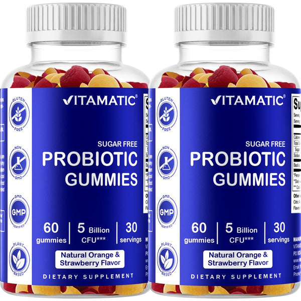 2 Pack Vitamatic Sugar Free Probiotic Gummies for Men and Women 5 Billion Cfus - Digestive, Immune & Gut Health - Gluten Free