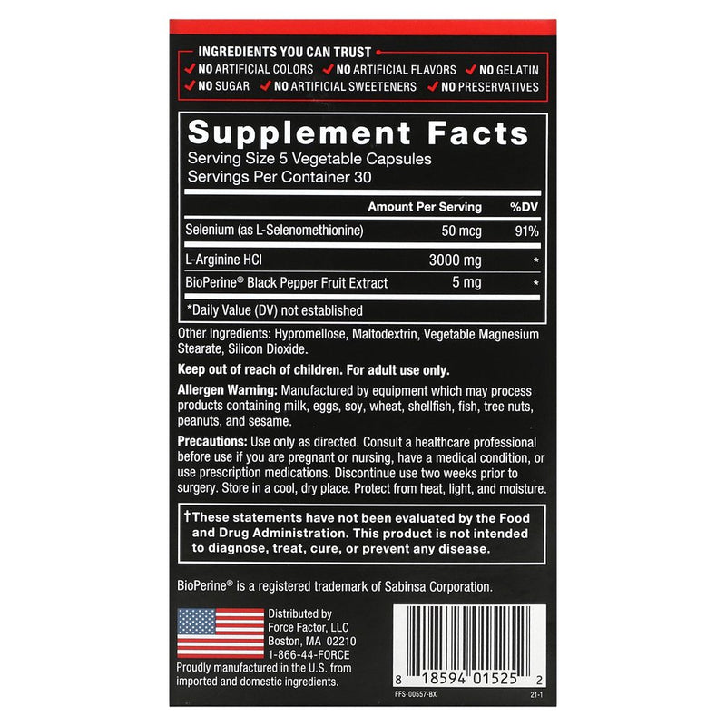 Force Factor L-Arginine Nitric Oxide Supplement with Bioperine to Help Build Muscle and Support Stronger Blood Flow, Circulation, Nutrient Delivery, and Pumps, L-Arginine 3000Mg, 3G, 150 Capsules