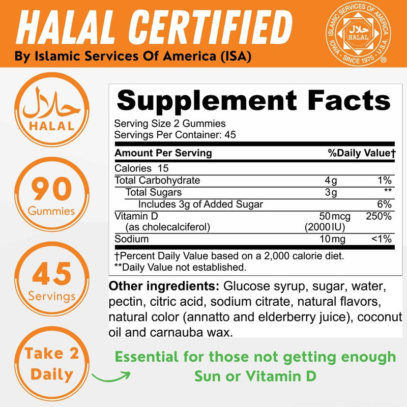 Halal Vitamin D3 Gummies 2000 IU | 90 Gummies, 45 Servings | Vegetarian, Non-Gmo, Gluten-Free, Gelatin-Free, Dairy-Free | Support for Bones, Muscles & Immune System | SHIFAA NUTRITION