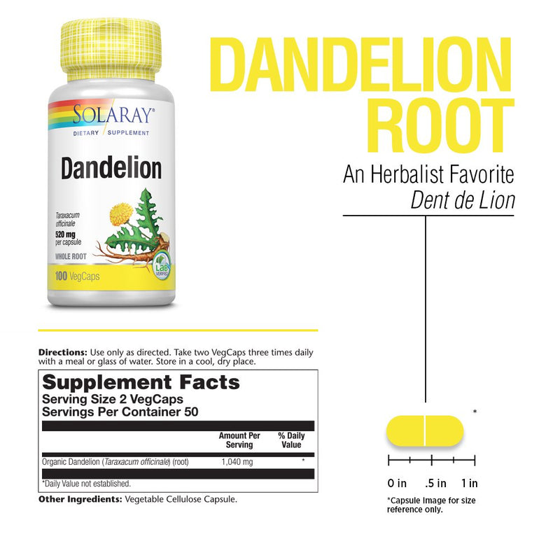 Solaray Dandelion Root | Healthy Liver, Kidney, Digestion & Water Balance Support | Non-Gmo, Vegan, 100 Vegcaps, 50 Serv