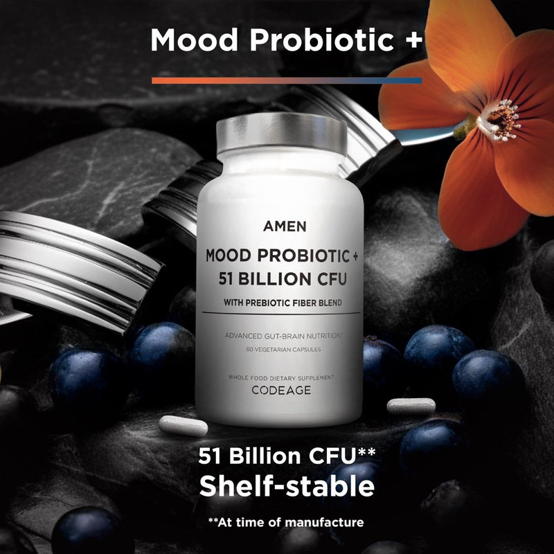 Amen Mood Probiotic +, Organic Prebiotics, 51 Billion Cfus, Ashwagandha, Blueberries, Non-Gmo, 60 Ct