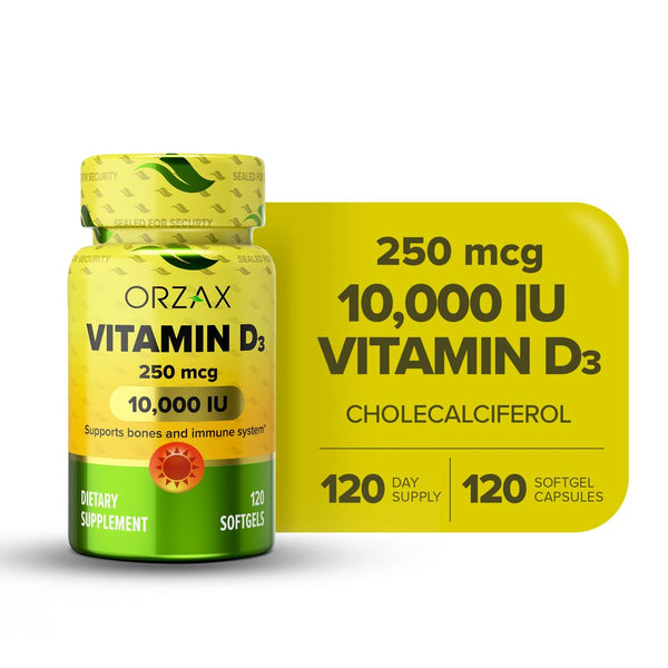 ORZAX Vitamin D3 10000 Iu, 120 Days Supply, 125 Mcg Vitamin D3 Mini Softgel, 120 Count