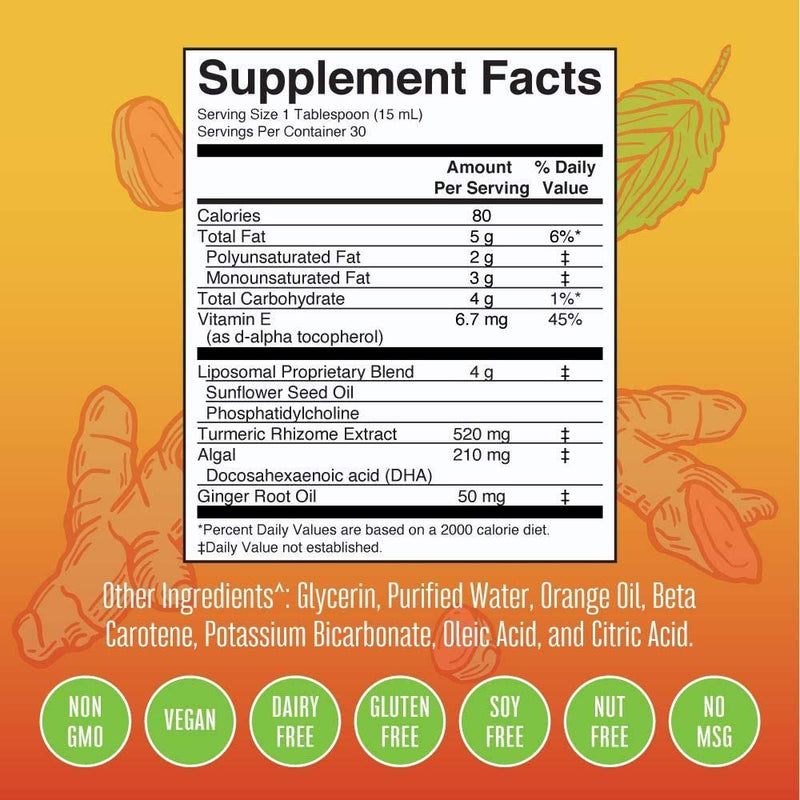 Maryruth Organics | Turmeric & DHA Liposomal | Enhanced Absorption | Mood Balance and Joint Support | Sweet Ginger | Vegan | 15.22 Fl Oz / 450Ml