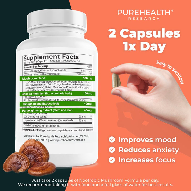 Nootropics Brain Support Supplement, Lions Mane, Shiitake, Chaga, Reishi Mushroom Powder - Enhance Memory and Improve Cognitive Health by Purehealth Research
