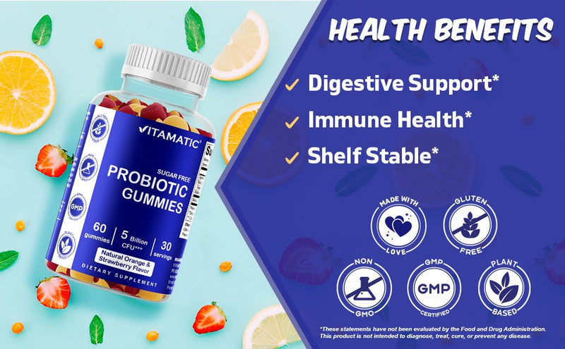 2 Pack Vitamatic Sugar Free Probiotic Gummies for Men and Women 5 Billion Cfus - Digestive, Immune & Gut Health - Gluten Free
