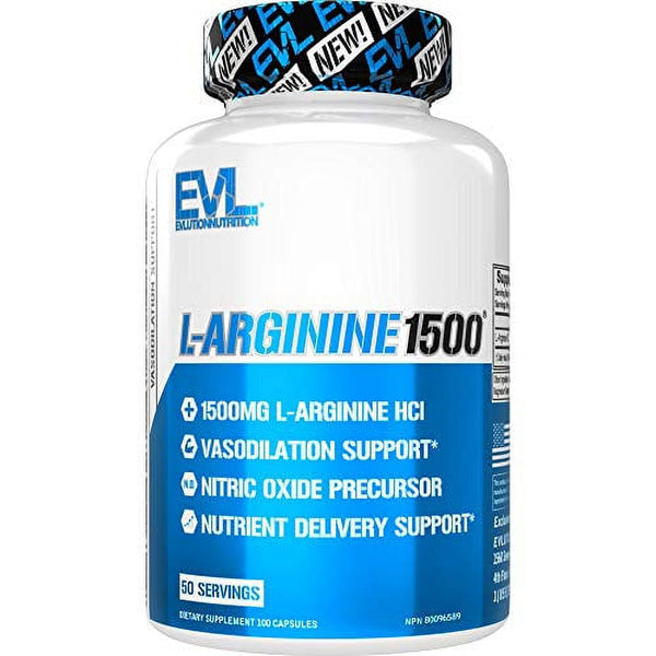 Evlution Nutrition L-Arginine 1500 Mg, Ultra-Pure Nitric Oxide Supplement, Muscle Growth and Vascularity, Energy and Stamina, Powerful NO Booster, Essential Amino Acids (50 Servings)