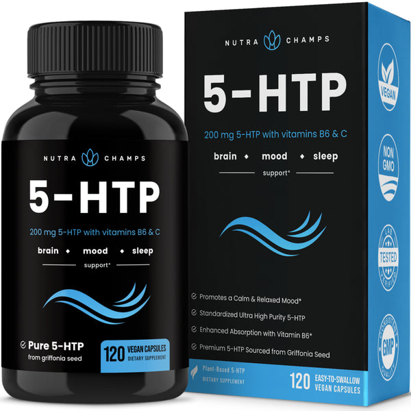 Nutrachamps 5-HTP 200Mg | 120 Vegan Capsules | 5 HTP Supplement to Support Stress Relief, Brain Health, Enhanced Mood, Sleep & Serotonin | Pure 5HTP 100Mg Pills plus Co-Factors Vitamin B6 & Vitamin C