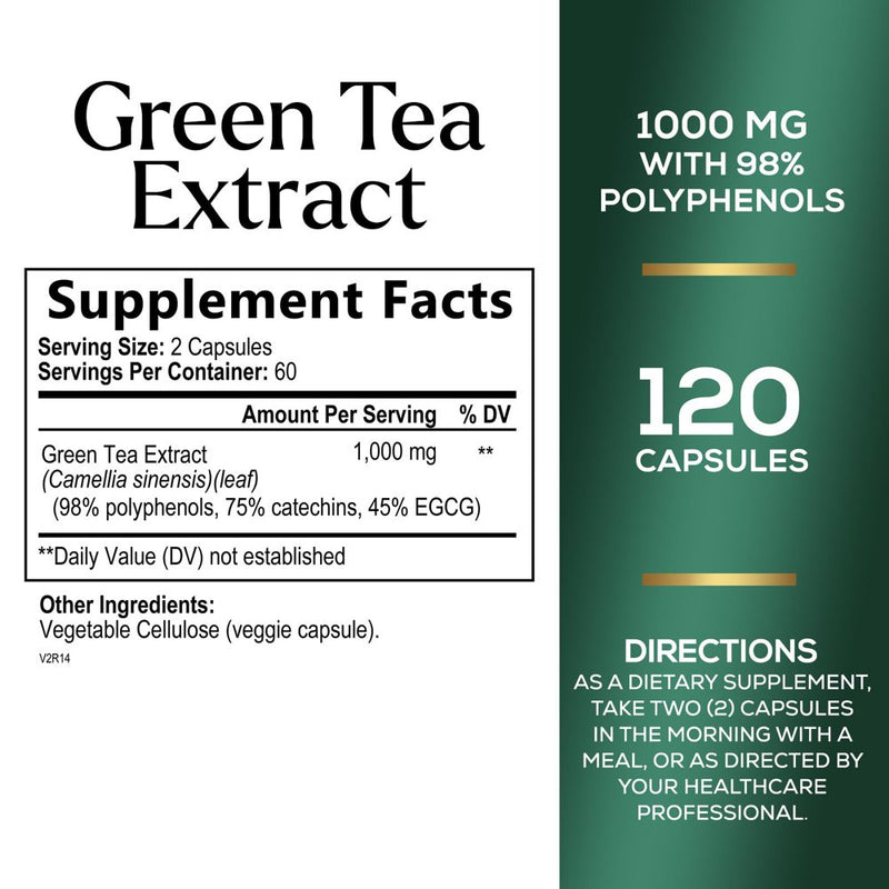 Puretea Green Tea Extract Pills 1000Mg with EGCG - 98% Standardized Polyphenols - 3X Absorption Green Tea Capsules for Natural Energy - Heart Support with Antioxidants, Gentle Caffeine - 120 Capsules