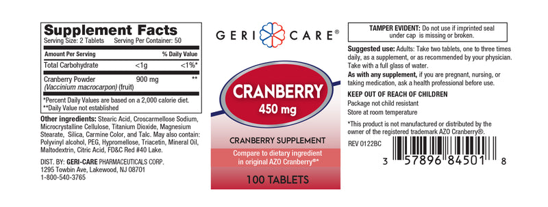 Geri-Care Cranberry Supplement Tablets for Urinary Tract Health, 450 Mg, 1 Bottle, 100 per Bottle