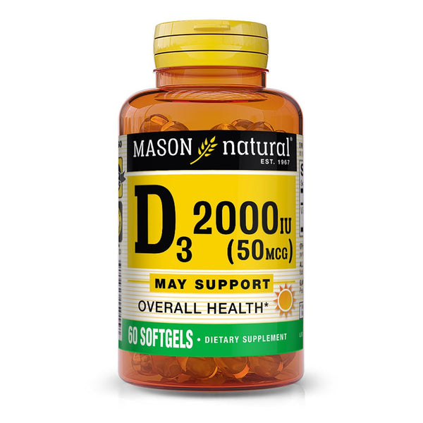 Mason Natural Vitamin D3 50 Mcg (2000 IU) - Supports Overall Health, Strengthens Bones and Muscles, from Fish Liver Oil, 60 Softgels