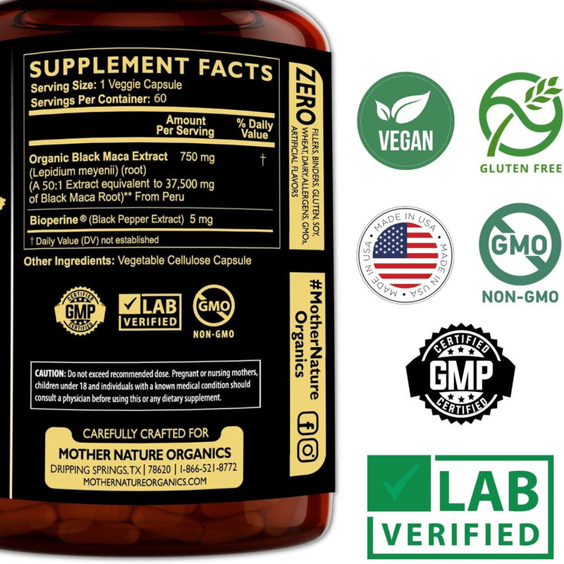ORGANIC Black Maca Root Extract Highest Potency 50:1, 37,500Mg, 2 Month Supply, Boost Stamina, Performance, Energy, Muscle Gain & Workout, Peruvian Maca Pills W/Bioperine & Non-Gmo (60 Count)