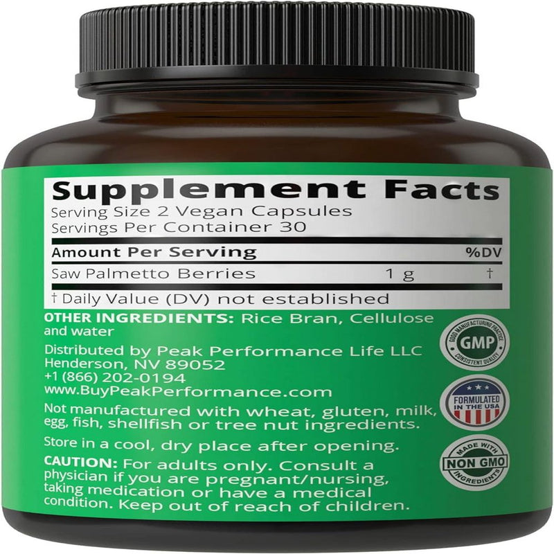 Peak Performance Saw Palmetto Capsules for Men and Women 1000Mg All Natural Saw Palmetto Extract Pills for Prostate Support. DHT Blocker Supplement for Hair Loss, Prostate Health, Urinary Flow