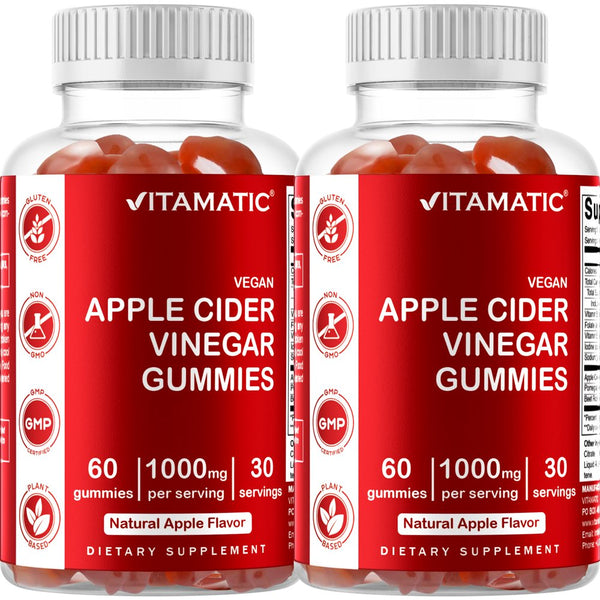 2 Pack - Vitamatic Apple Cider Vinegar Gummies - 1000Mg per Serving - 60 Vegan Gummies - ACV Gummies for Detox, Weight Loss Support, Energy Boost, Digestion & Gut Health (Total 120 Count)