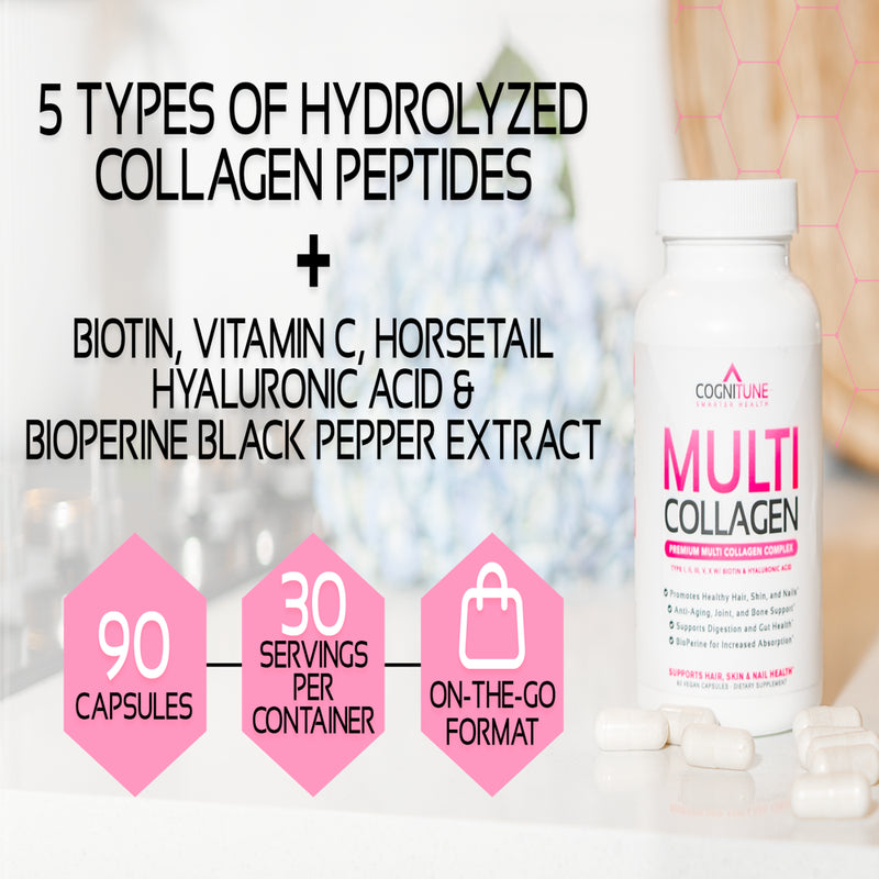 Multi Collagen Supplement, 5 Types of Collagen Peptides + Biotin, Hyaluronic Acid & Vitamin C, 2000Mg Collagen, 120 Capsules