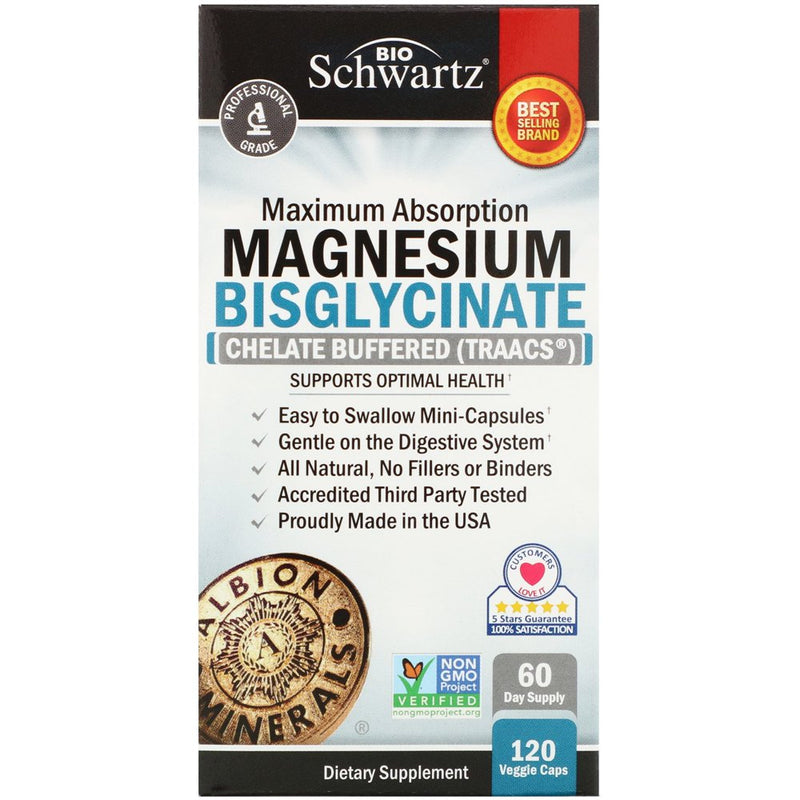 Bioschwartz Magnesium Bisglycinate 100% | Maximum Absorption | Health and Muscle Support | 120 Ct
