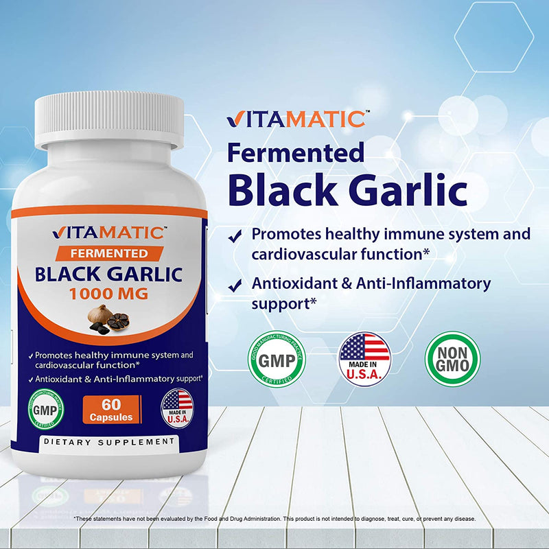 3 Pack - Vitamatic Fermented Black Garlic Extract 1000 mg 60 Capsules - Non-GMO, Gluten Free - Antioxidant and Cholesterol Support (Total 180 Capsules)