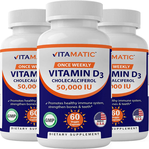 3 Pack -Vitamatic Vitamin D3 50,000 IU (as Cholecalciferol), Once Weekly Dose, 1250 mcg, 60 Veggie Capsules 1 Year Supply, Progressive Formula Helping Vitamin D Deficiencies