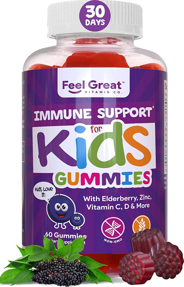 3 in 1 Immunity Support Gummies for Kids by Feel Great Vitamin Co. (60 Gummies) | with Elderberry, Zinc and Vitamin C All-in-one Pectin Based Formula | Sambucus Nigra Supplement