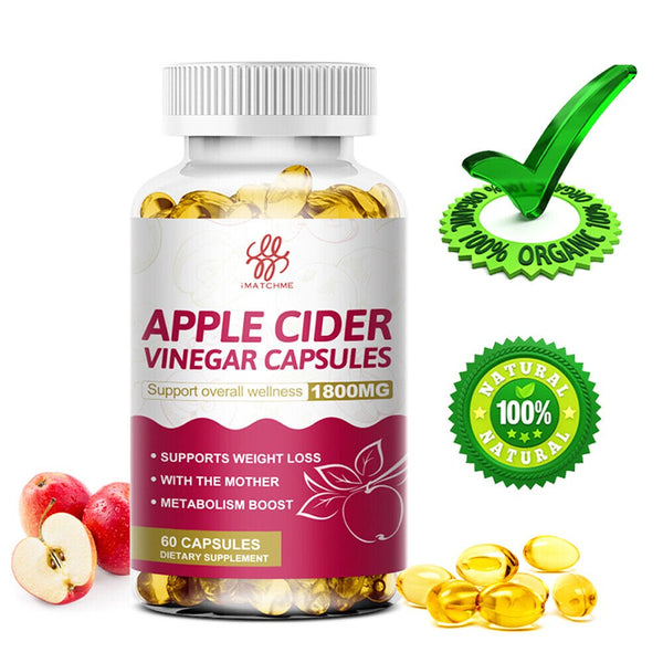 Imatchme Natural Apple Cider Vinegar Capsules 1800 Mg, Fat Burner & Weight Loss Supplement for Women & Men - 60 Vegan Diet Pills