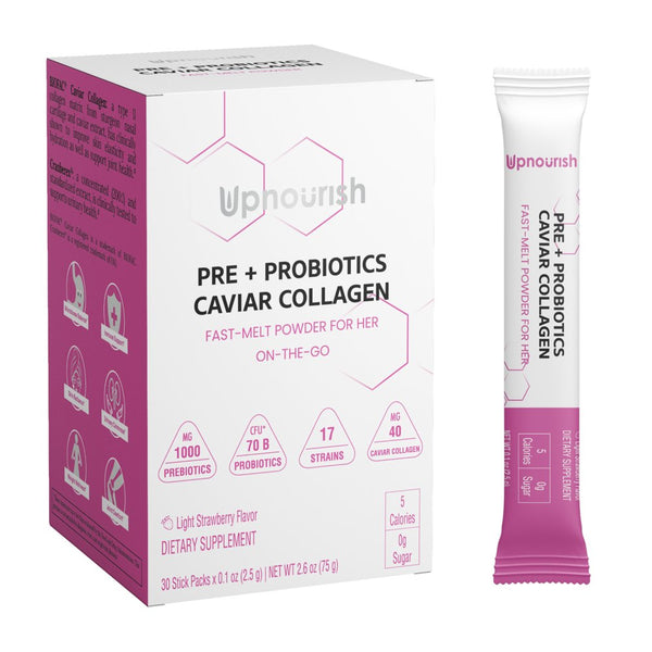 Prebiotics and Probiotics for Women 70 Billion CFU with Caviar Collagen Powder Packets, Daily Cranberry Mannose Gut Health Supplements for Women Support Immune, Feminine, Skin, Joint Health, 30 Sticks