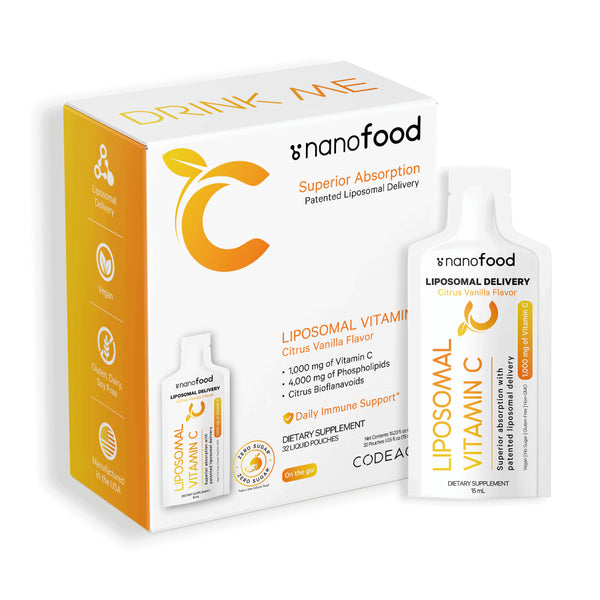 Codeage Nanofood Liposomal Vitamin C Liquid Supplement, Vitamin E, Daily Immune Support, 32 Pouches