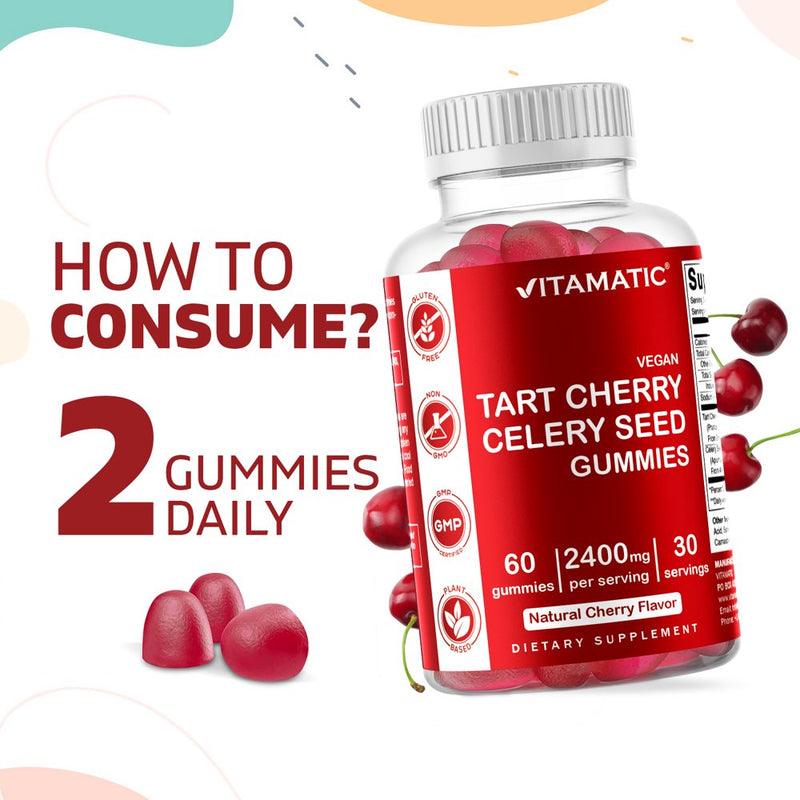 Vitamatic Tart Cherry with Celery Seed Gummies - 2400 Mg Serving - Powerful Uric Acid Cleanse for Joint Comfort, Healthy Sleep Cycles & Muscle Recovery