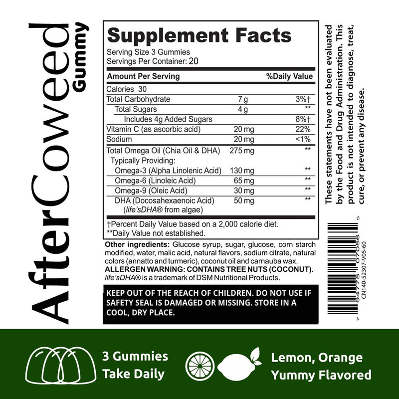 Aftercoweed, Omega 3,6,9, DHA Gummy Premium Nervous Health & Brain Function Formula, Improves Digestive, Gut & Probiotic System, Overall Body Performance, Energy & Immune Support