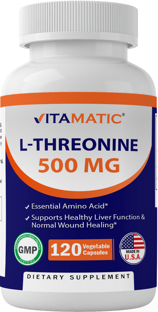 Vitamatic L-Threonine 500 Mg 120 Vegetable Capsules - Promotes Healthy Liver, Cardiovascular & Structural Function