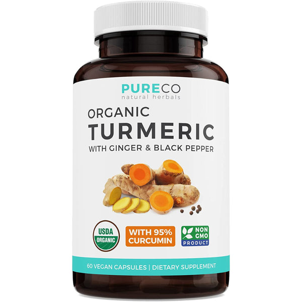 Pure Co USDA Organic Turmeric Curcumin with Black Pepper and Ginger (Vegan) Natural Joint Support Supplement with Turmeric and Ginger Root Powder - 60 Capsules (No Pills)
