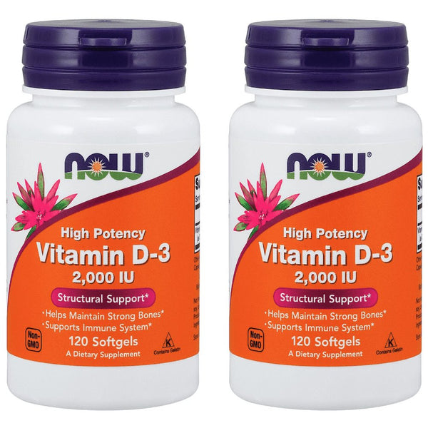 NOW Supplements, Vitamin D-3 2,000 IU, High Potency, Structural Support*, 120 Capsules - 2 Packs