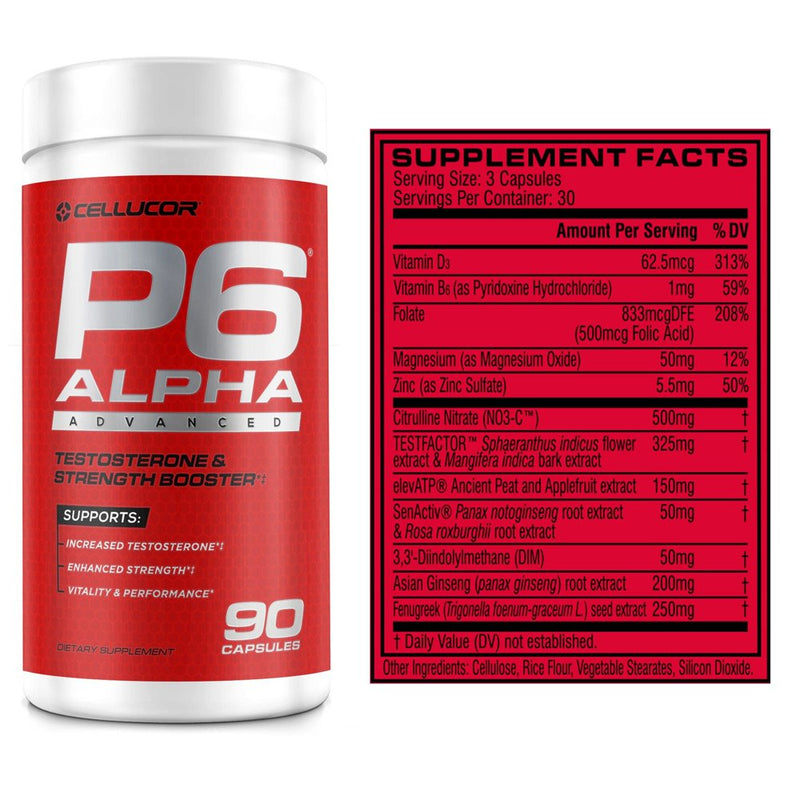 Cellucor P6 Alpha Advanced - Enhanced Support for Men Supports Muscle Growth & Strength Natural Support Supplement with TESTFACTOR, Ginseng -90 Veggie Caps