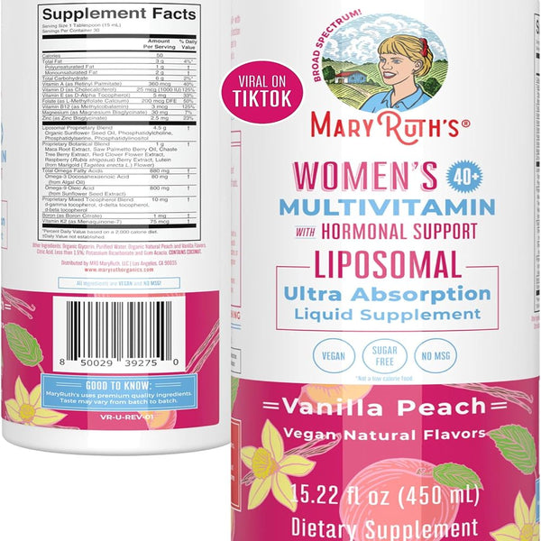 Maryruth'S | USDA Organic Women'S Multivitamin | Liquid Liposomal | Hormonal Support & Immune Support | Vanilla Peach | Sugar Free, Vegan | 15.22 Fl Oz