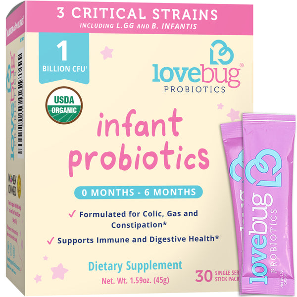Lovebug Probiotics Organic Infant Probiotic Powder, 0-6 Months, Helps with Colic, Reflux, Diarrhea, Constipation & Gas, 30 Packets