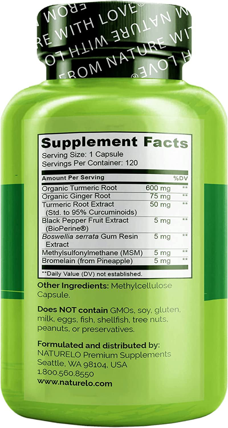 NATURELO Turmeric Curcumin - Bioperine for Better Absorption - Curcuminoids, Black Pepper, Ginger Powder - Plant-Based Joint Support - 120 Vegan Capsules